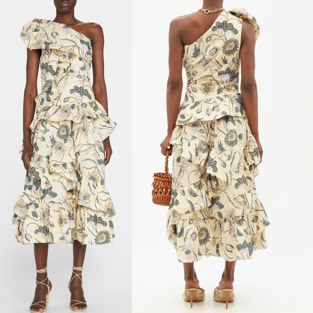 ULLA JOHNSON Ondine Floral One-Shoulder Midi Dress Lemonbalm